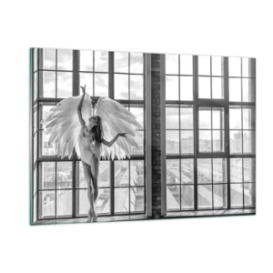 Quadro su vetro - Ballerina con ali d'angelo in bianco e nero - 120x80cm - Città degli angeli? - Decorazione murale moderna per soggiorno e camera da letto ARTTOR