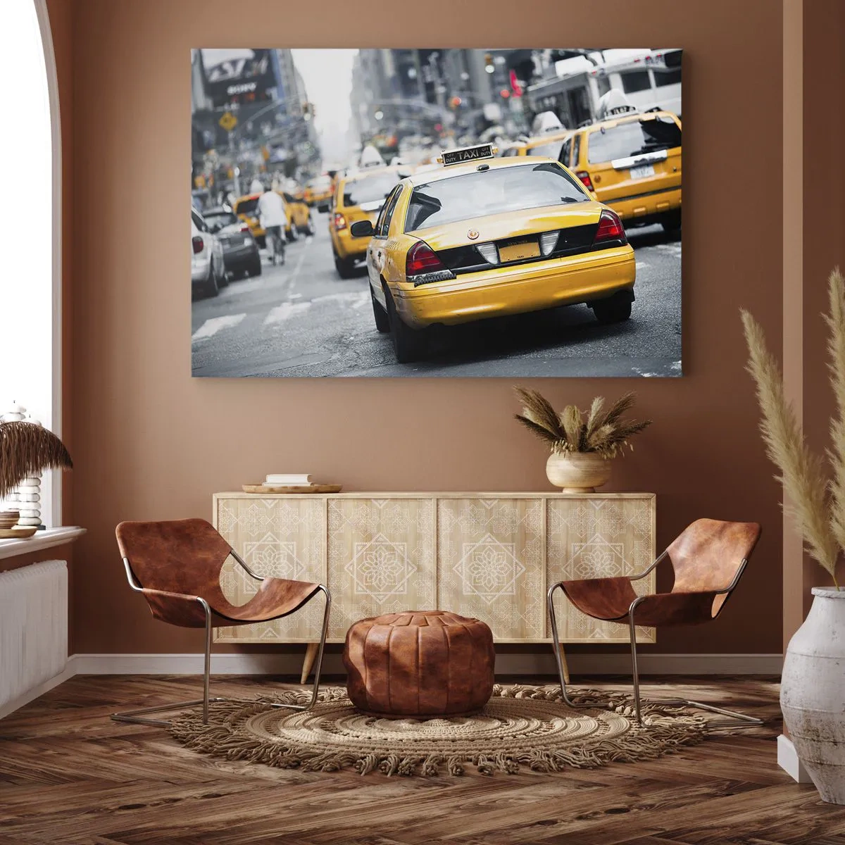 Quadro su tela - Stampe su Tela - Taxi gialli in una trafficata strada cittadina nel centro della metropoli - 120x80cm - Solamente in questa città - Decorazione murale moderna per soggiorno e camera da letto ARTTOR