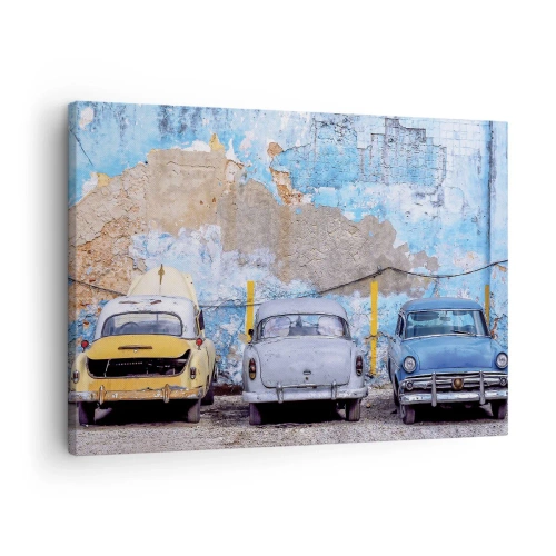 Quadro su tela - Stampe su Tela - Vecchie auto sullo sfondo di un muro distrutto - 70x50cm - L'incontro dei veterani - Decorazione murale moderna per soggiorno e camera da letto ARTTOR