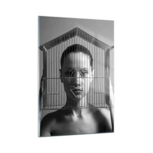 Quadro su vetro - Donna con una gabbia a forma di casa sul viso in bianco e nero - 50x70cm - Ritratto un po' surreale - Decorazione murale moderna per soggiorno e camera da letto ARTTOR