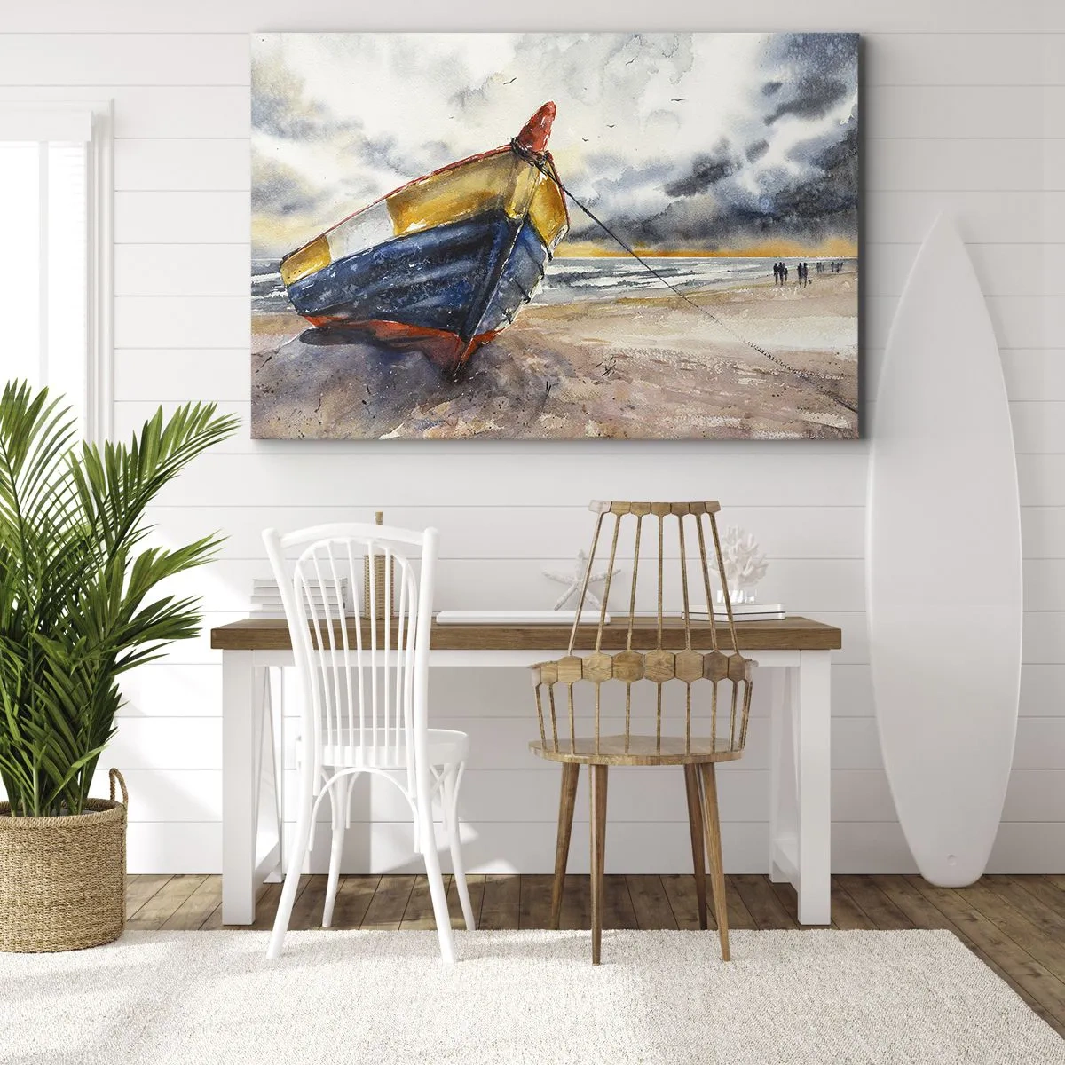 Quadro su tela - Stampe su Tela - Una pittoresca barca sulla spiaggia sotto un cielo nuvoloso - 120x80cm - Riposo sulla riva - Decorazione murale moderna per soggiorno e camera da letto ARTTOR