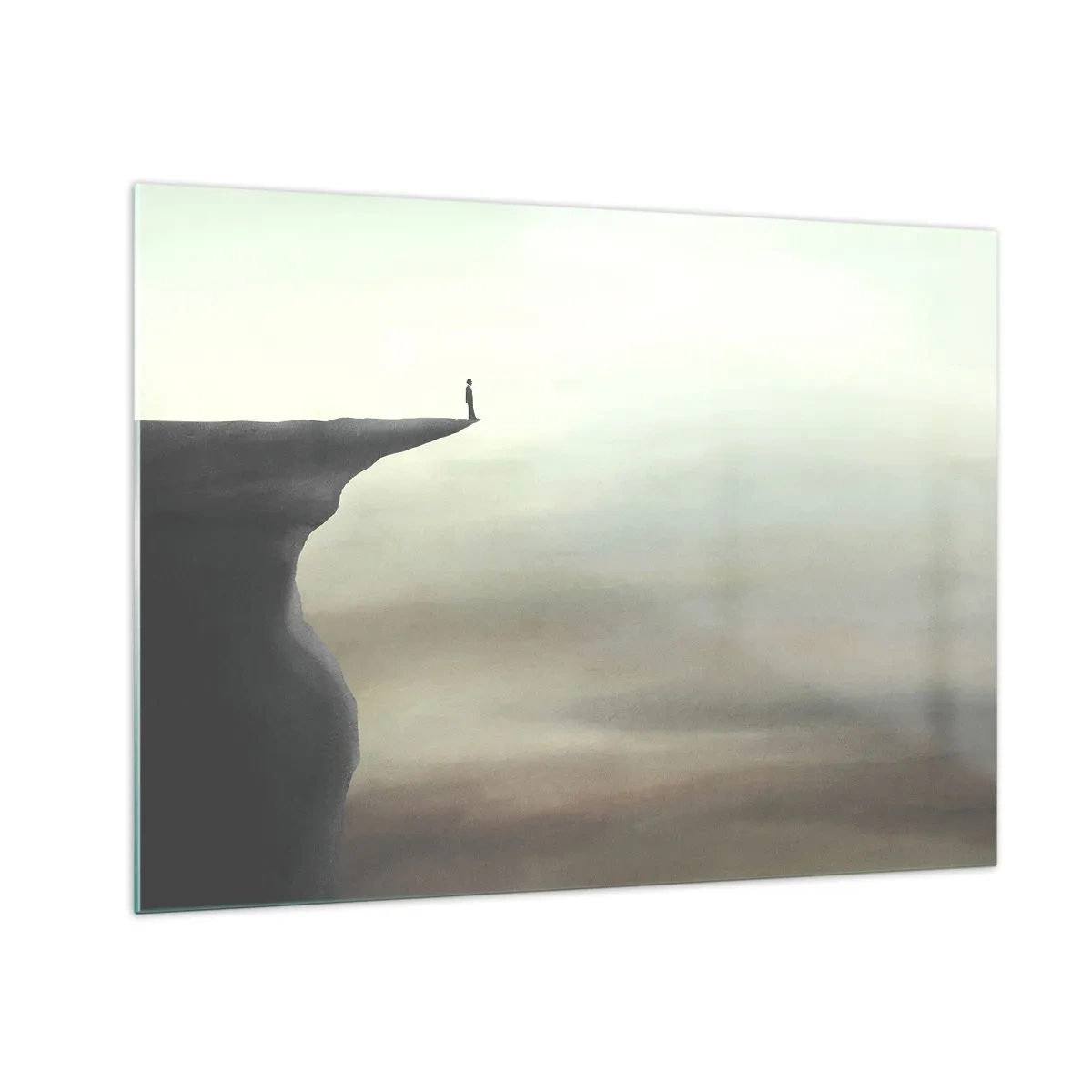 Quadro su vetro - Sagoma di una persona in piedi sul bordo di una scogliera sopra la nebbia - 70x50cm - Certamente verso l'alto! - Decorazione murale moderna per soggiorno e camera da letto ARTTOR