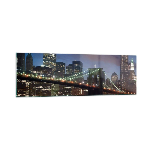 Quadro su vetro - Ponte di New York City di notte con edifici illuminati - 160x50cm - Notte illuminata - Decorazione murale moderna per soggiorno e camera da letto ARTTOR