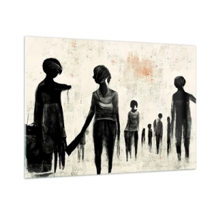 Quadro su vetro - Figure nere in movimento su uno sfondo chiaro con una trama rossa - 100x70cm - Contro la solitudine - Decorazione murale moderna per soggiorno e camera da letto ARTTOR