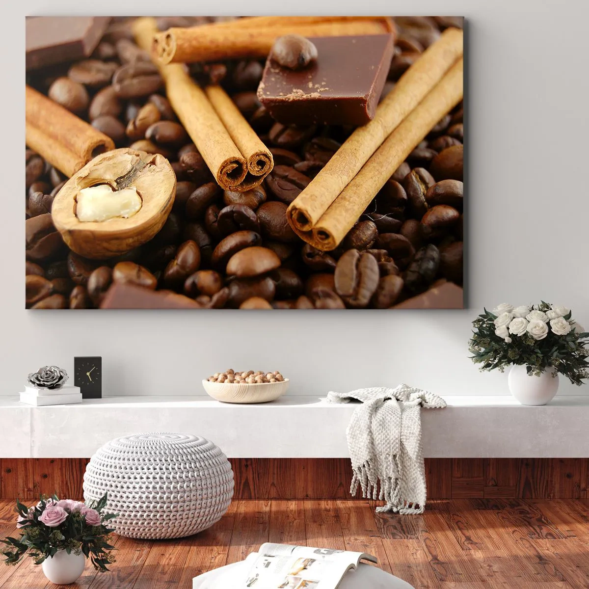 Quadro su tela - Stampe su Tela - Chicchi di caffè con bastoncini di cannella, cioccolato e noci. - 100x70cm - Concerto di sapori - Decorazione murale moderna per soggiorno e camera da letto ARTTOR