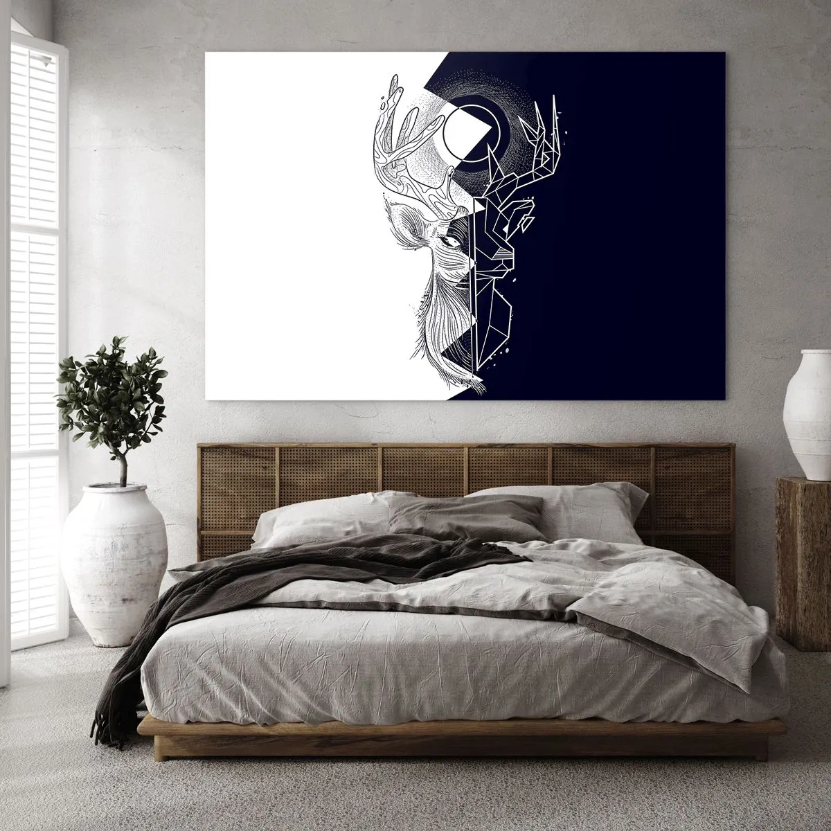Quadro su vetro - Disegno geometrico di un cervo su sfondo bianco e nero - 120x80cm - Lotta e unità degli opposti - Decorazione murale moderna per soggiorno e camera da letto ARTTOR