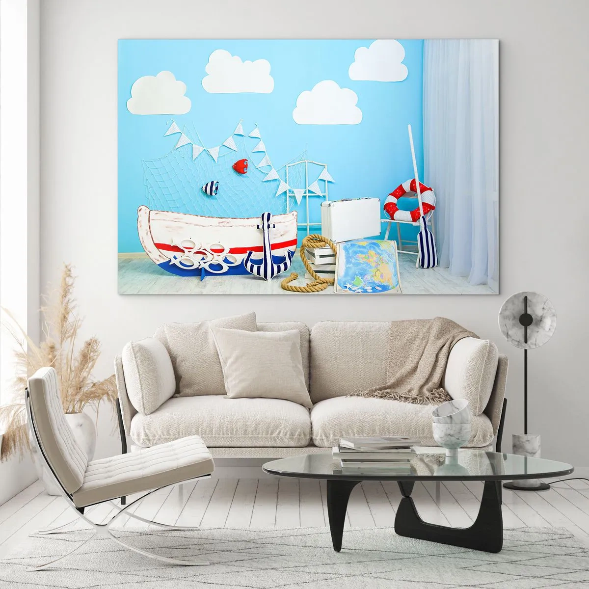 Quadro su vetro - Scena marina decorativa con barca e oggetti di scena nautici - 120x80cm - La nostalgia delle avventure dei bambini - Decorazione murale moderna per soggiorno e camera da letto ARTTOR