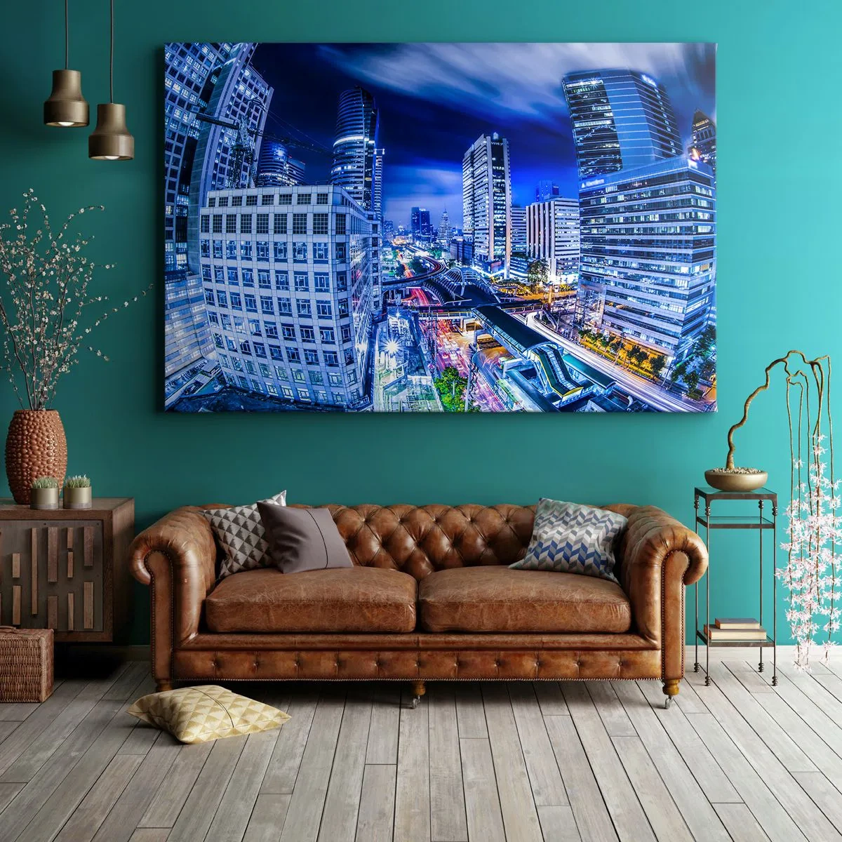 Quadro su tela - Stampe su Tela - Panorama notturno della città con grattacieli e lampioni - 120x80cm - Il ritmo notturno della città - Decorazione murale moderna per soggiorno e camera da letto ARTTOR