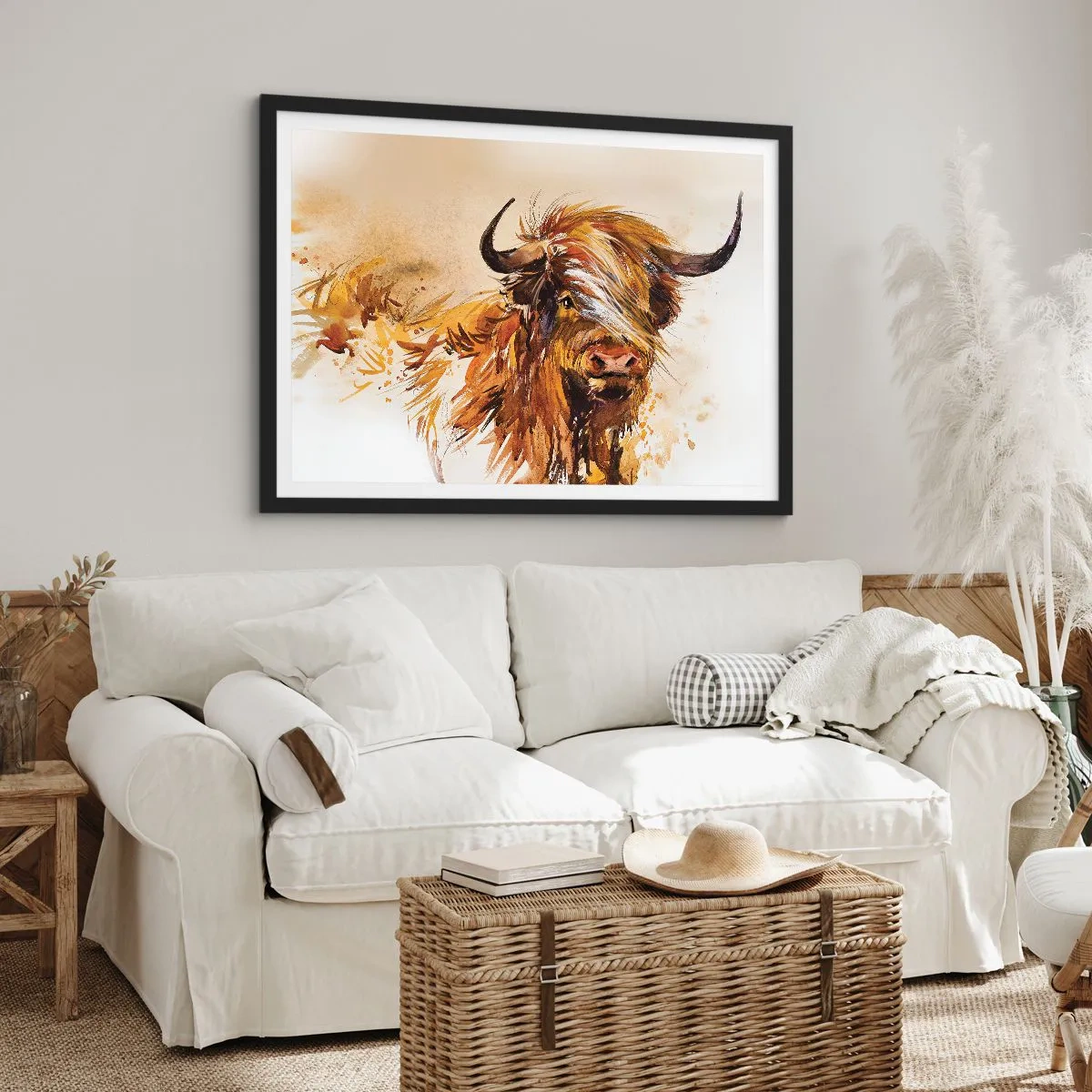Poster in cornice nera - Ritratto di un toro in stile acquerello artistico - 100x70cm - L'orgoglio del cacciatore - Decorazione murale moderna per soggiorno e camera da letto ARTTOR