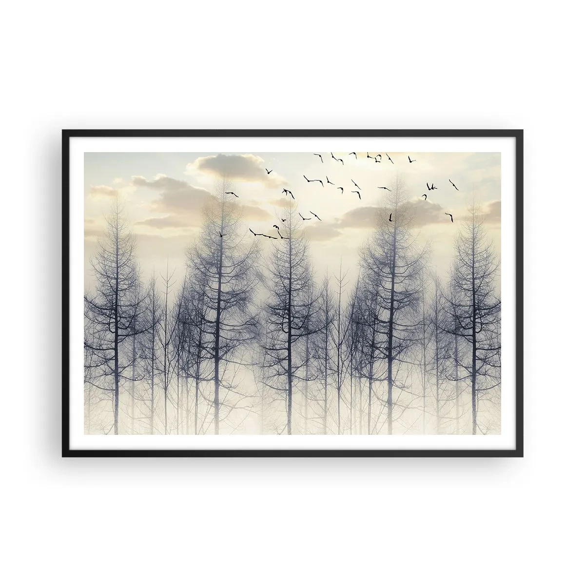 Poster in cornice nera - Foresta nebbiosa con uccelli contro il cielo al tramonto - 100x70cm - Lo spirito della foresta - Decorazione murale moderna per soggiorno e camera da letto ARTTOR