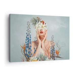 Quadro su tela - Stampe su Tela - Ritratto di donna con motivo floreale su sfondo blu - 70x50cm - Donna - fiore - Decorazione murale moderna per soggiorno e camera da letto ARTTOR