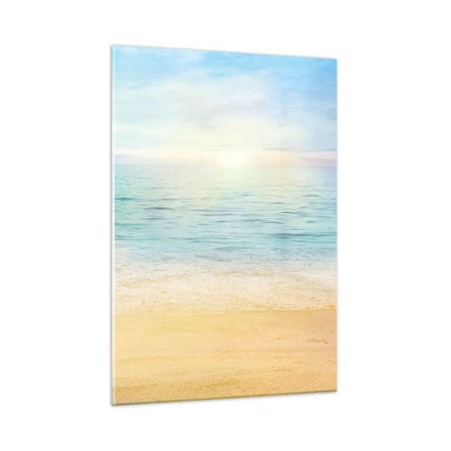 Quadro su vetro - Una spiaggia soleggiata con mare e cielo azzurri - 50x70cm - Il grande blu - Decorazione murale moderna per soggiorno e camera da letto ARTTOR