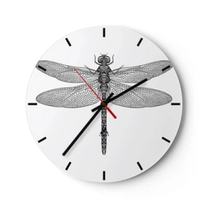 Orologio da parete - Orologio in Vetro - Illustrazione dettagliata di una libellula in nero su sfondo bianco - 30x30cm - La precisione della natura - Decorazione murale moderna per soggiorno, cucina e camera da letto ARTTOR
