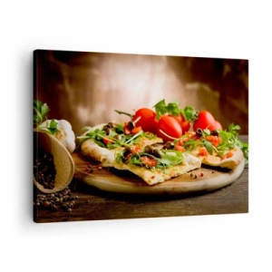 Quadro su tela - Stampe su Tela - Pizza con verdure su tagliere di legno in stile rustico - 70x50cm - Direttamente dal forno e dal giardino - Decorazione murale moderna per soggiorno e camera da letto ARTTOR