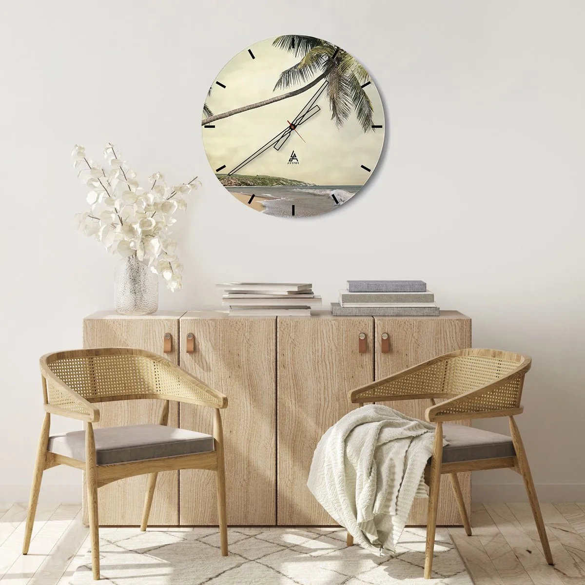 Orologio da parete - Orologio in Vetro - Palme sullo sfondo di una spiaggia tropicale - 30x30cm - Sogno tropicale - Decorazione murale moderna per soggiorno, cucina e camera da letto ARTTOR