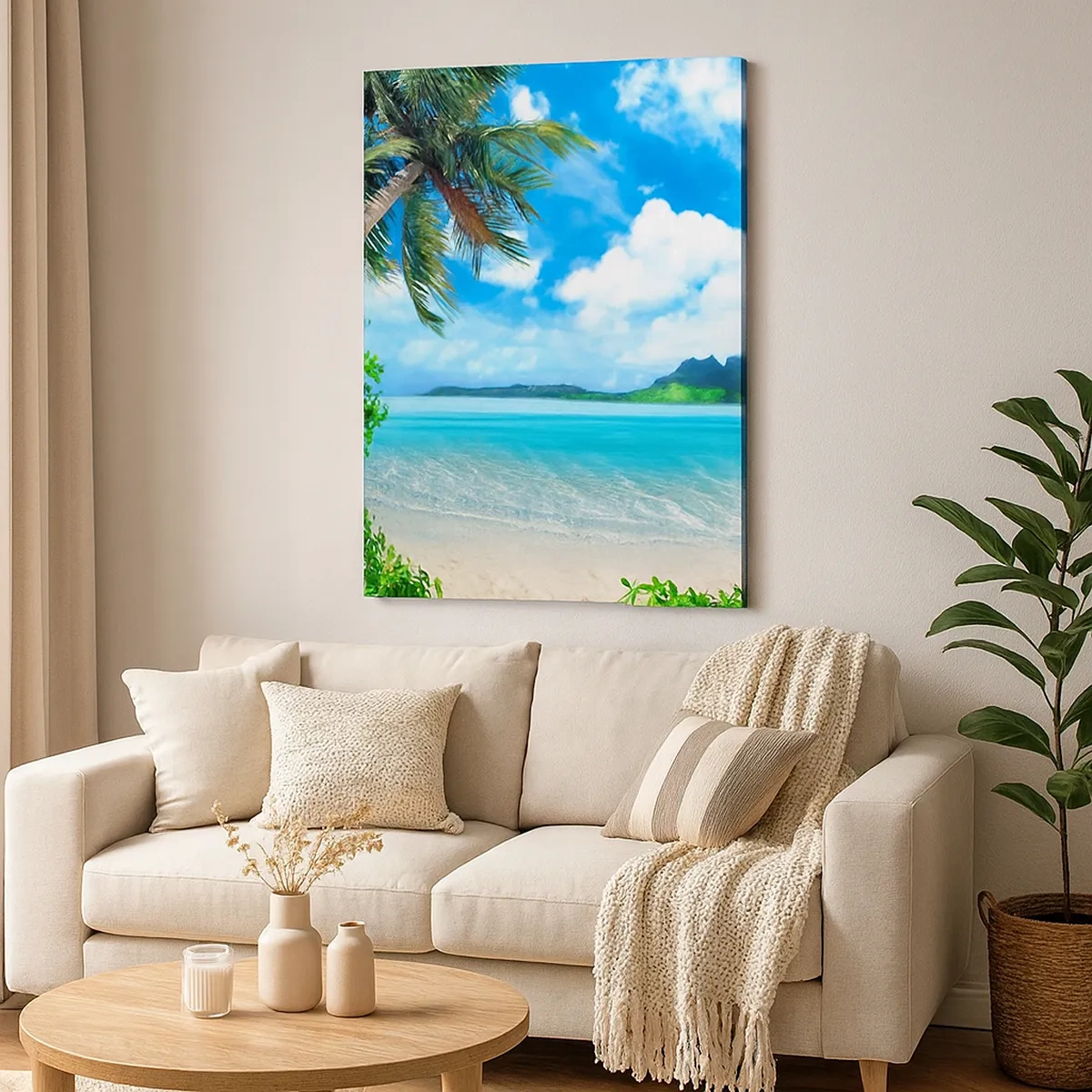 Quadro su tela - Stampe su Tela - Spiaggia tropicale con palme e vista sull'isola - 50x70cm - L'azzurro dei tropici - Decorazione murale moderna per soggiorno e camera da letto ARTTOR