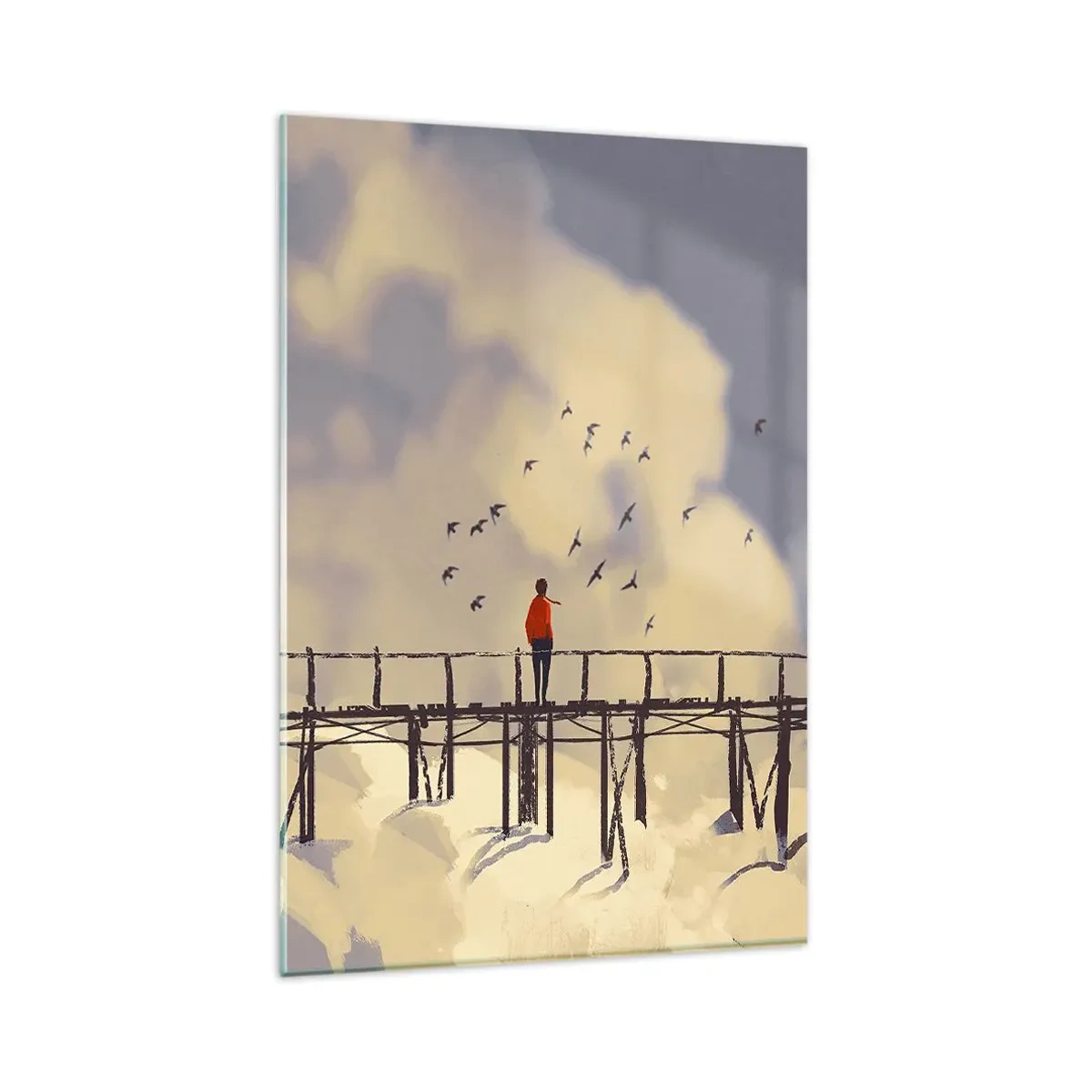 Quadro su vetro - Una figura su un ponte tra le nuvole con uccelli nel cielo - 80x120cm - Nostalgia del cielo - Decorazione murale moderna per soggiorno e camera da letto ARTTOR