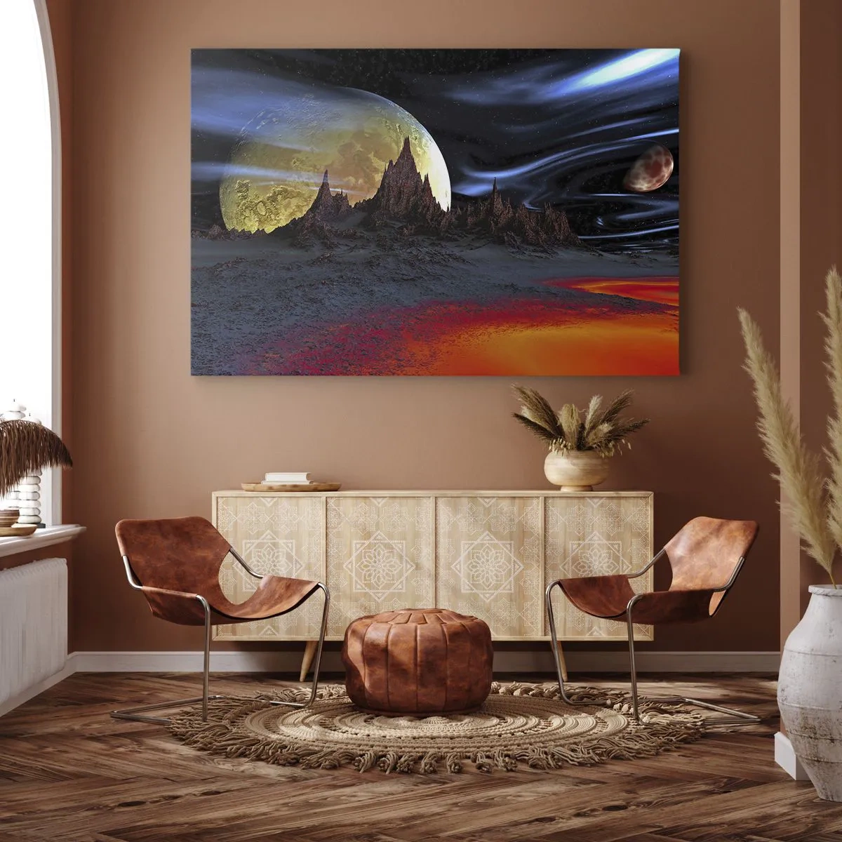 Quadro su tela - Stampe su Tela - Un paesaggio fantastico con pianeti e scenari vulcanici - 120x80cm - Un mondo sconosciuto - Decorazione murale moderna per soggiorno e camera da letto ARTTOR