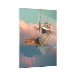 Quadro su vetro - Ragazza sull'altalena tra le nuvole rosa - 50x70cm - Divertimento tra le nuvole - Decorazione murale moderna per soggiorno e camera da letto ARTTOR