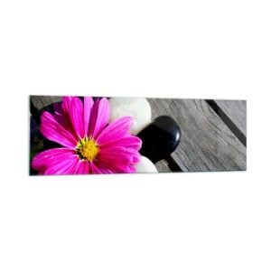 Quadro su vetro - Fiore rosa su uno sfondo di assi di legno con pietre - 160x50cm - Riposo sul molo - Decorazione murale moderna per soggiorno e camera da letto ARTTOR
