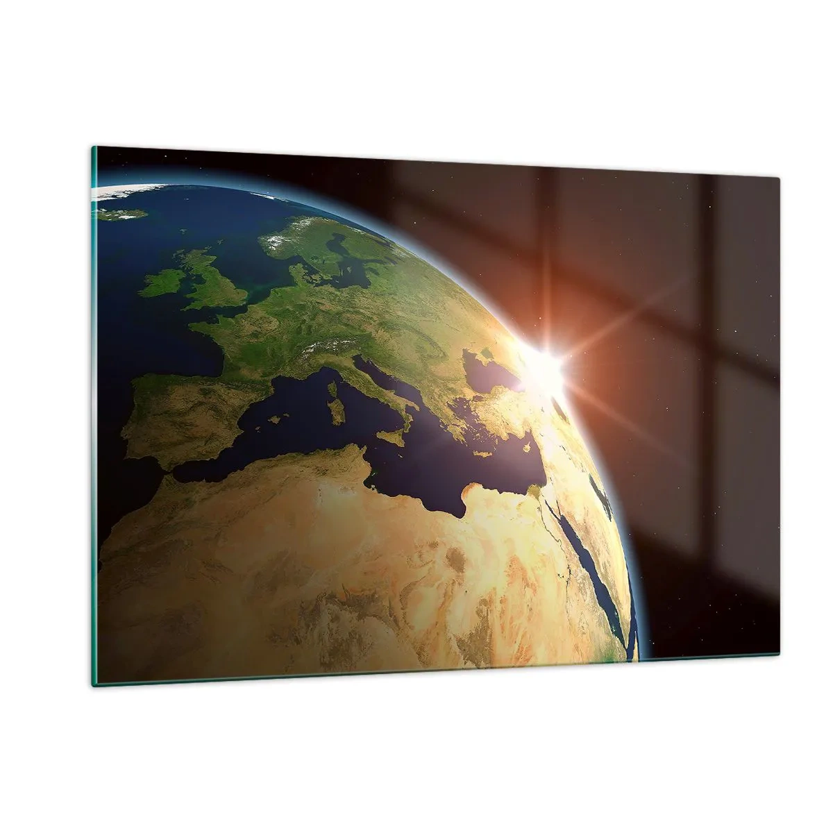 Quadro su vetro - La Terra illuminata dal sole nascente dallo spazio - 120x80cm - Il sorgere del sole - Decorazione murale moderna per soggiorno e camera da letto ARTTOR