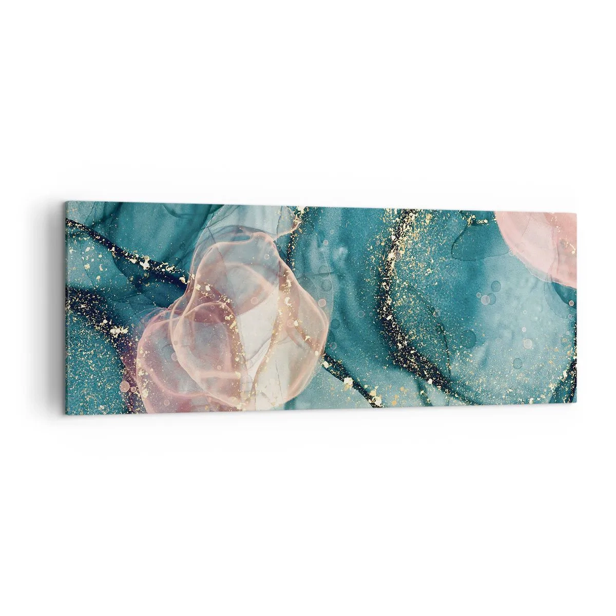 Quadro su tela - Stampe su Tela - Una composizione astratta nei toni del turchese e dell'oro. - 140x50cm - Blu di seta, rosa di tulle - Decorazione murale moderna per soggiorno e camera da letto ARTTOR