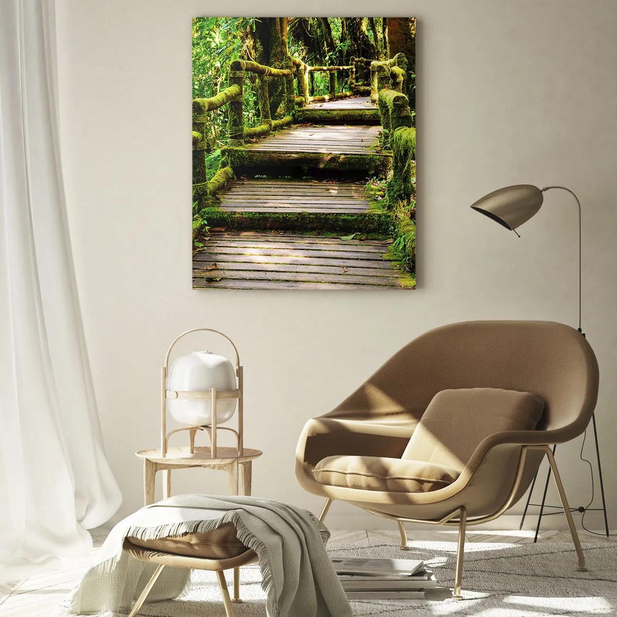 Quadro su vetro - Un ponte di legno ricoperto di muschio in una foresta pluviale tropicale - 70x100cm - Un corridoio nel verde - Decorazione murale moderna per soggiorno e camera da letto ARTTOR