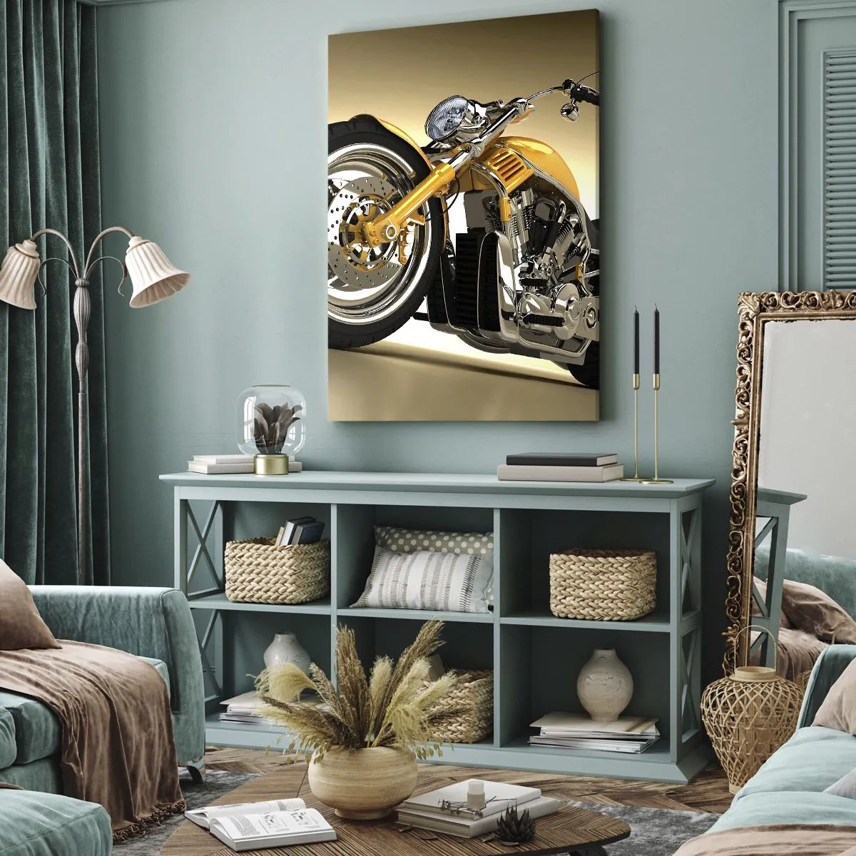 Quadro su tela - Stampe su Tela - Una motocicletta gialla in stile chopper contro un muro beige - 70x100cm - Sogno di forza e di velocità - Decorazione murale moderna per soggiorno e camera da letto ARTTOR