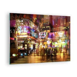 Quadro su vetro - Una città vibrante alla luce del neon - 70x50cm - Nel mare di luce - Decorazione murale moderna per soggiorno e camera da letto ARTTOR