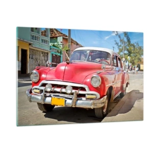Quadro su vetro - Auto d'epoca rossa su una strada cittadina - 120x80cm - Ancora solamente a Cuba - Decorazione murale moderna per soggiorno e camera da letto ARTTOR