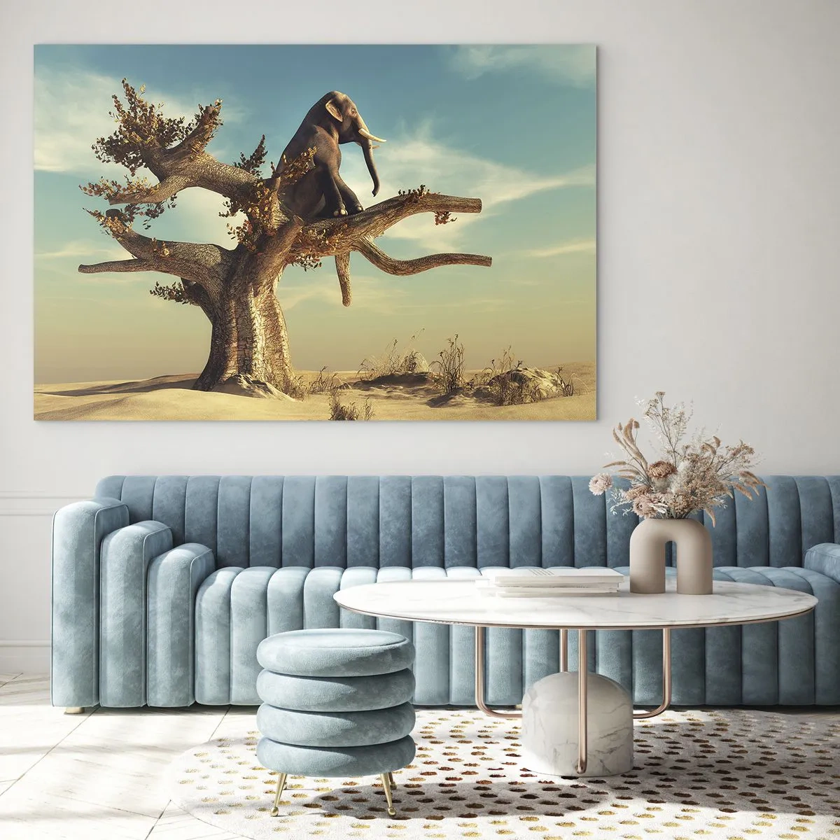 Quadro su vetro - Un elefante seduto su un albero sullo sfondo del deserto - 100x70cm - Nuovo punto di vista - Decorazione murale moderna per soggiorno e camera da letto ARTTOR