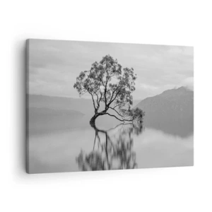 Quadro su tela - Stampe su Tela - Un albero solitario riflesso nell'acqua con le montagne sullo sfondo - 70x50cm - C'è un paese così - Decorazione murale moderna per soggiorno e camera da letto ARTTOR