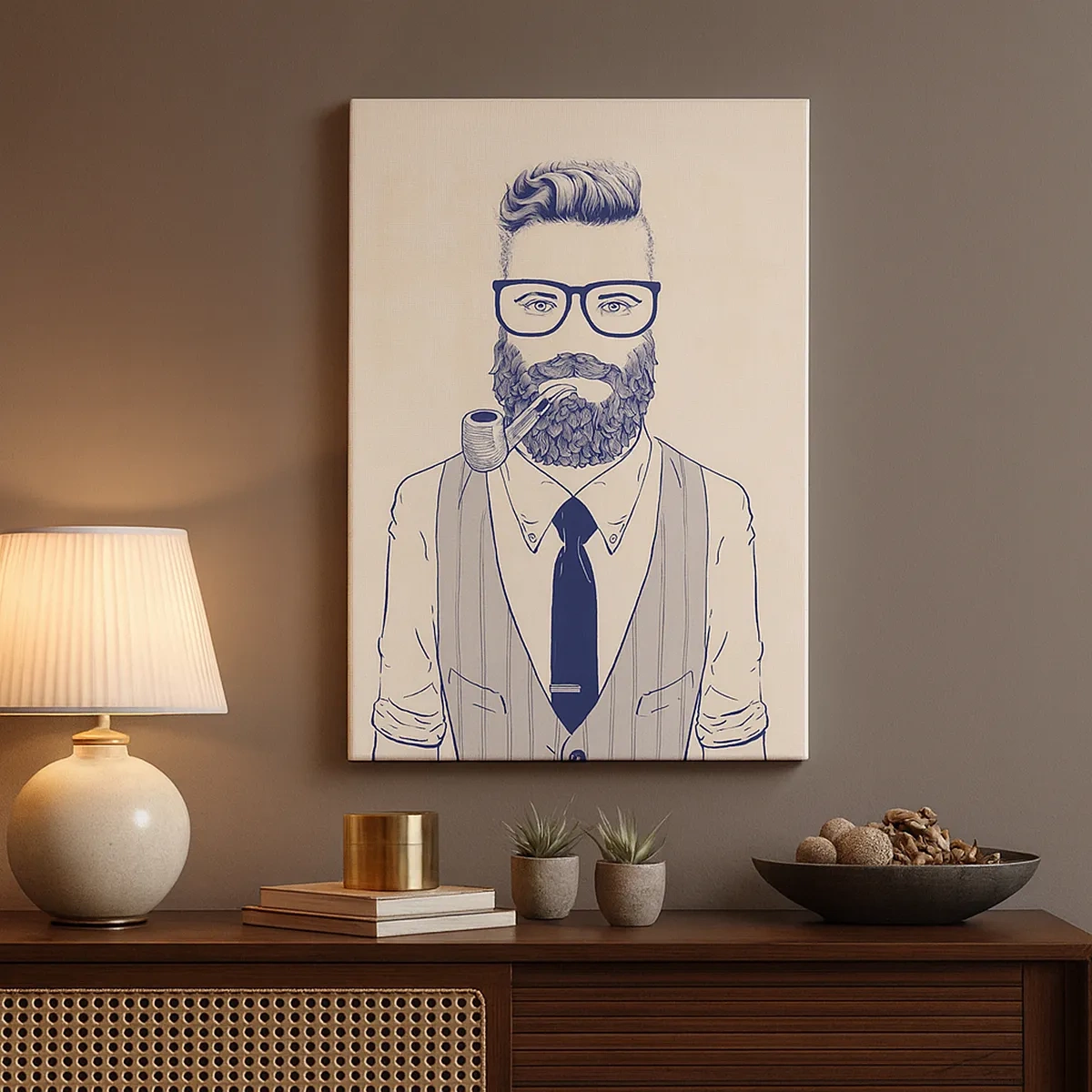 Quadro su tela - Stampe su Tela - Uomo stilizzato con barba, pipa e occhiali - 50x70cm - Allegro, maschile e alla moda - Decorazione murale moderna per soggiorno e camera da letto ARTTOR