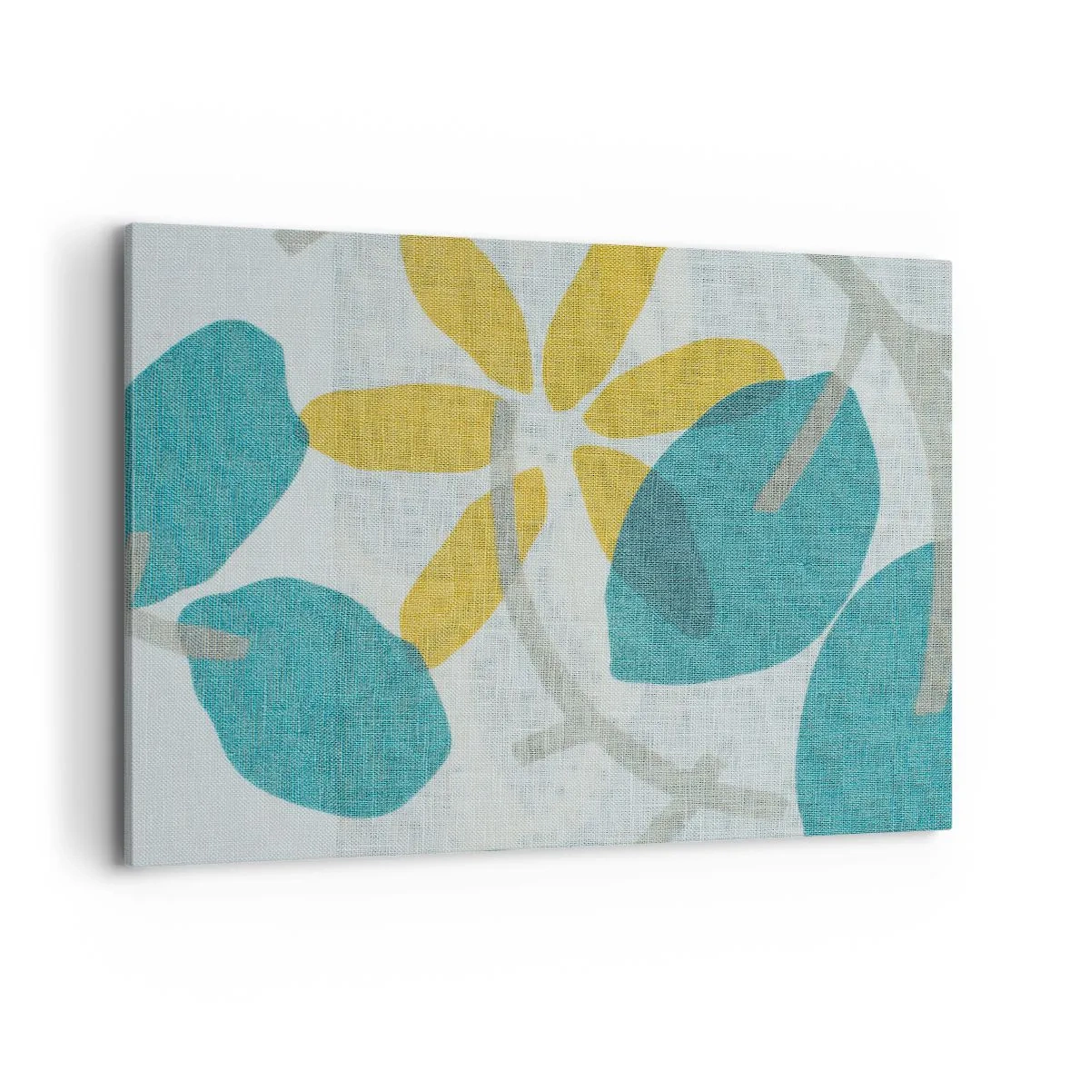 Quadro su tela - Stampe su Tela - Foglie nei toni del turchese e del giallo su uno sfondo chiaro - 100x70cm - Tra le foglie azzurre - Decorazione murale moderna per soggiorno e camera da letto ARTTOR
