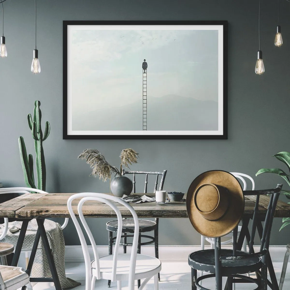 Poster in cornice nera - Un uomo su una scala che sale verso il cielo - 100x70cm - Innalzati al di sopra - Decorazione murale moderna per soggiorno e camera da letto ARTTOR