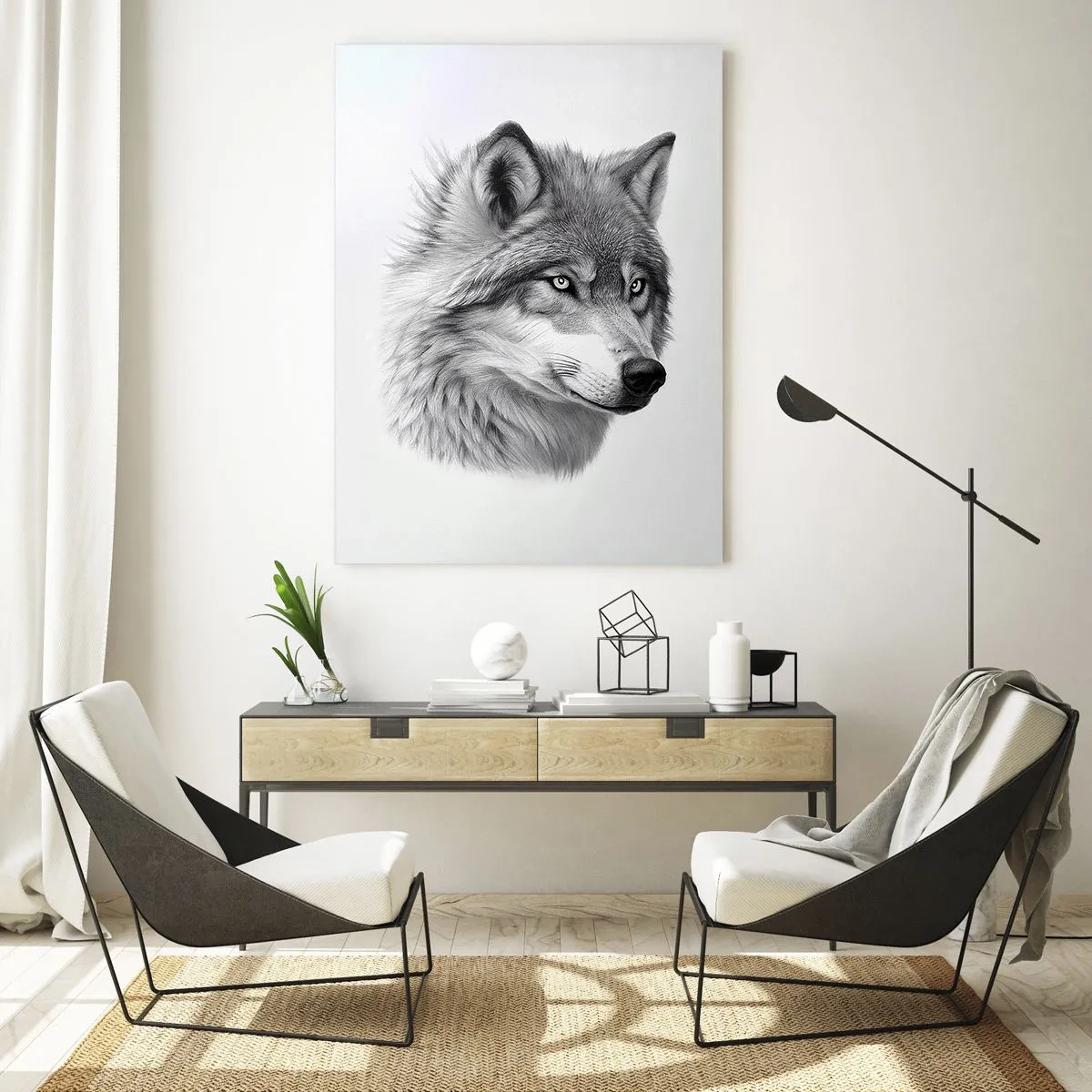 Quadro su vetro - Un ritratto realistico di un lupo in tonalità di grigio. - 80x120cm - Alfa, senza dubbio - Decorazione murale moderna per soggiorno e camera da letto ARTTOR