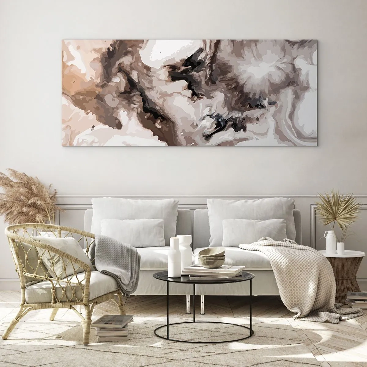 Quadro su vetro - Motivo astratto nei toni del marrone e del bianco - 160x50cm - La nascita della galassia - Decorazione murale moderna per soggiorno e camera da letto ARTTOR