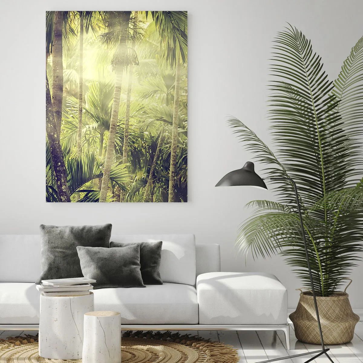 Quadro su vetro - Raggi di sole in una foresta tropicale di palme - 80x120cm - Nell'afa verde - Decorazione murale moderna per soggiorno e camera da letto ARTTOR