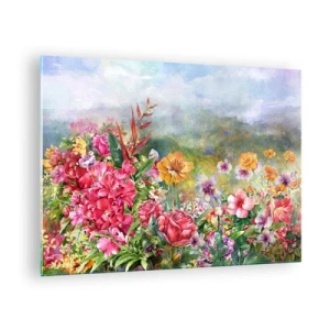 Quadro su vetro - Un mazzo di fiori colorati sullo sfondo di un paesaggio pittoresco - 70x50cm - Il giardino impazzito - Decorazione murale moderna per soggiorno e camera da letto ARTTOR