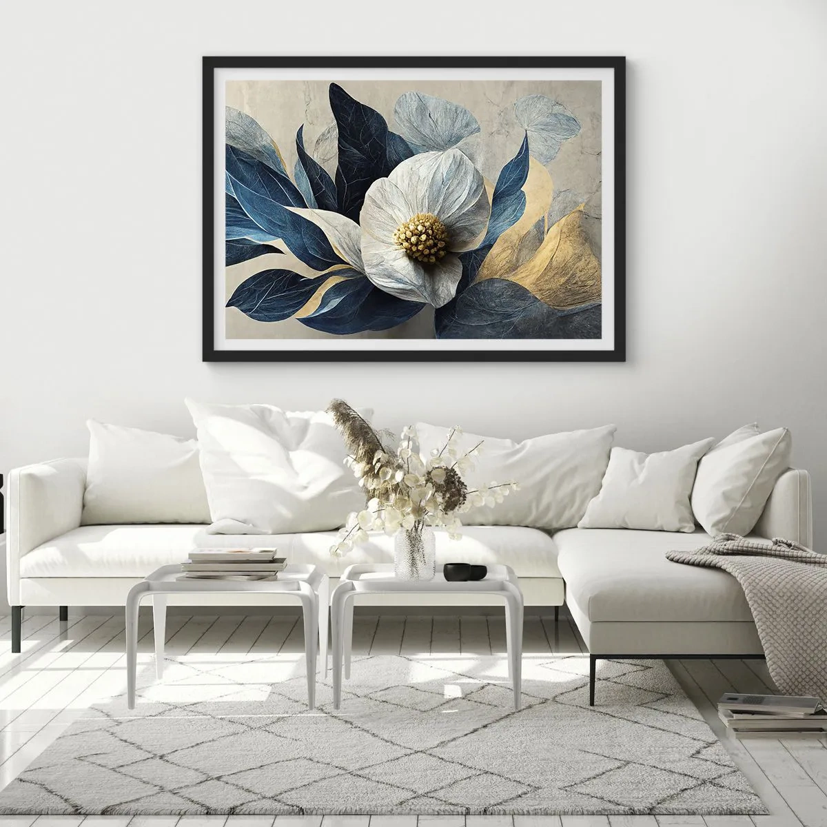 Poster in cornice nera - Un fiore con foglie blu su uno sfondo elegante - 100x70cm - Ha un cuore d'oro - Decorazione murale moderna per soggiorno e camera da letto ARTTOR