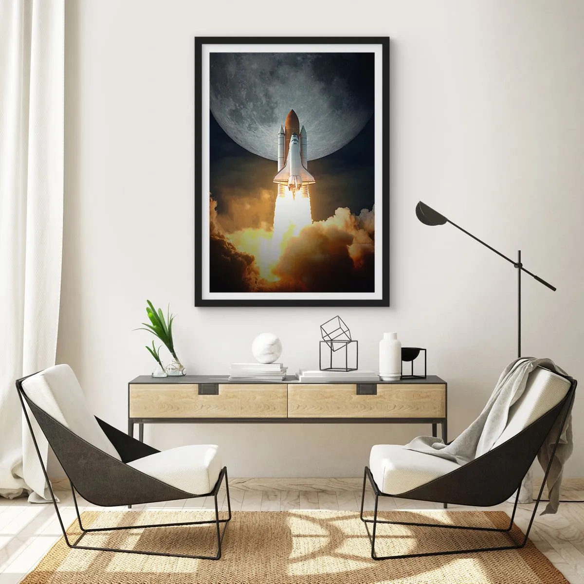 Poster in cornice nera - Lancio dello Space Shuttle con la Luna sullo sfondo - 50x70cm - L'inizio di un'avventura spaziale - Decorazione murale moderna per soggiorno e camera da letto ARTTOR