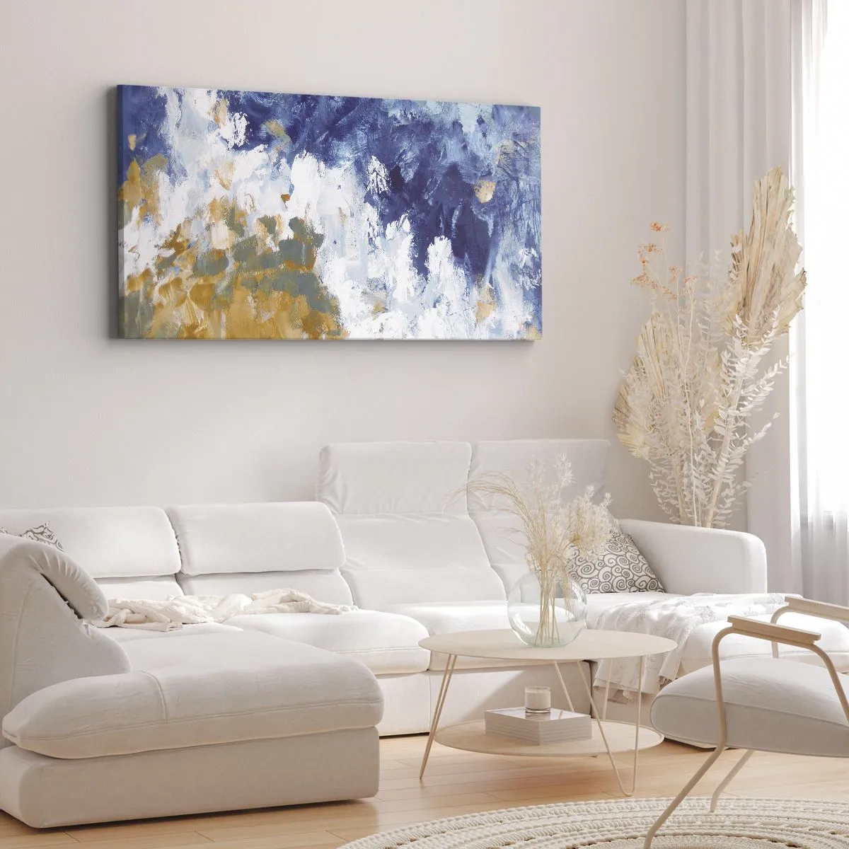 Quadro su tela - Stampe su Tela - Astrazione nei toni del blu, bianco e oro - 160x50cm - La danza degli elementi - Decorazione murale moderna per soggiorno e camera da letto ARTTOR