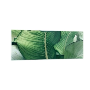 Quadro su vetro - Foglie verdi con dettagli e struttura espressivi - 140x50cm - Una vita intensamente verde - Decorazione murale moderna per soggiorno e camera da letto ARTTOR