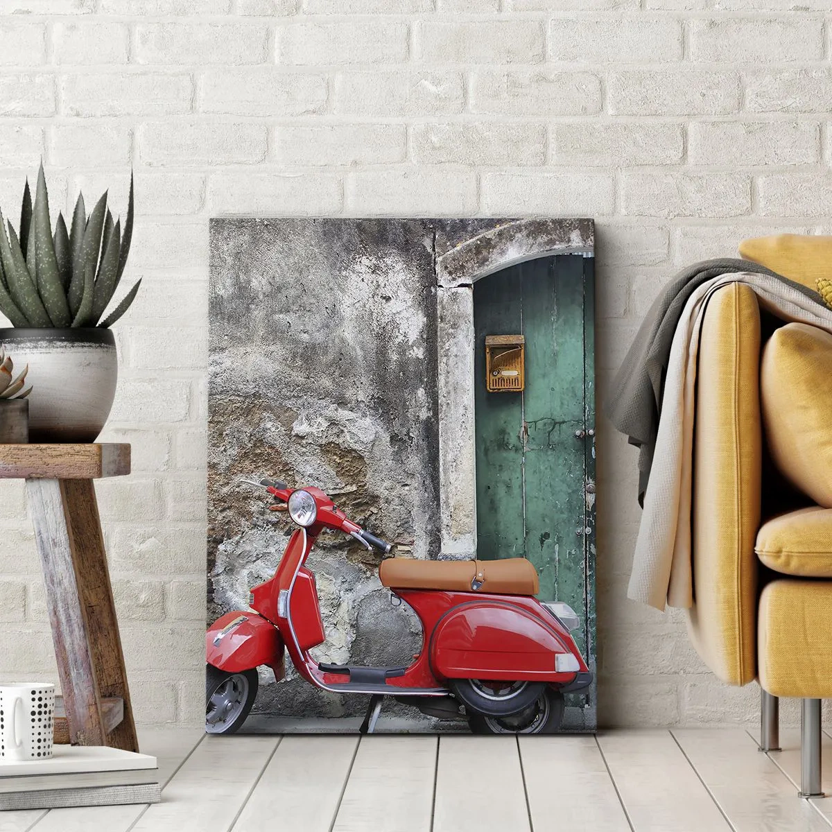 Quadro su tela - Stampe su Tela - Scooter rosso vicino alla porta verde - 70x100cm - Vacanze italiane - Decorazione murale moderna per soggiorno e camera da letto ARTTOR