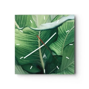 Orologio da parete - Orologio in Vetro - Foglie verdi con dettagli e struttura espressivi - 30x30cm - Una vita intensamente verde - Decorazione murale moderna per soggiorno e camera da letto ARTTOR