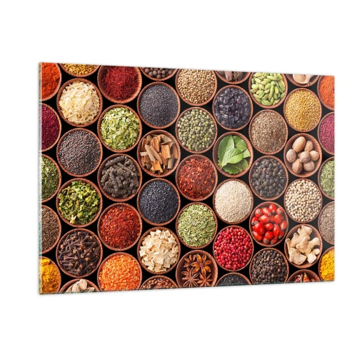 Quadro su vetro - Una composizione di varie spezie in ciotole di legno - 120x80cm - Tutti i gusti del mondo - Decorazione murale moderna per soggiorno e camera da letto ARTTOR