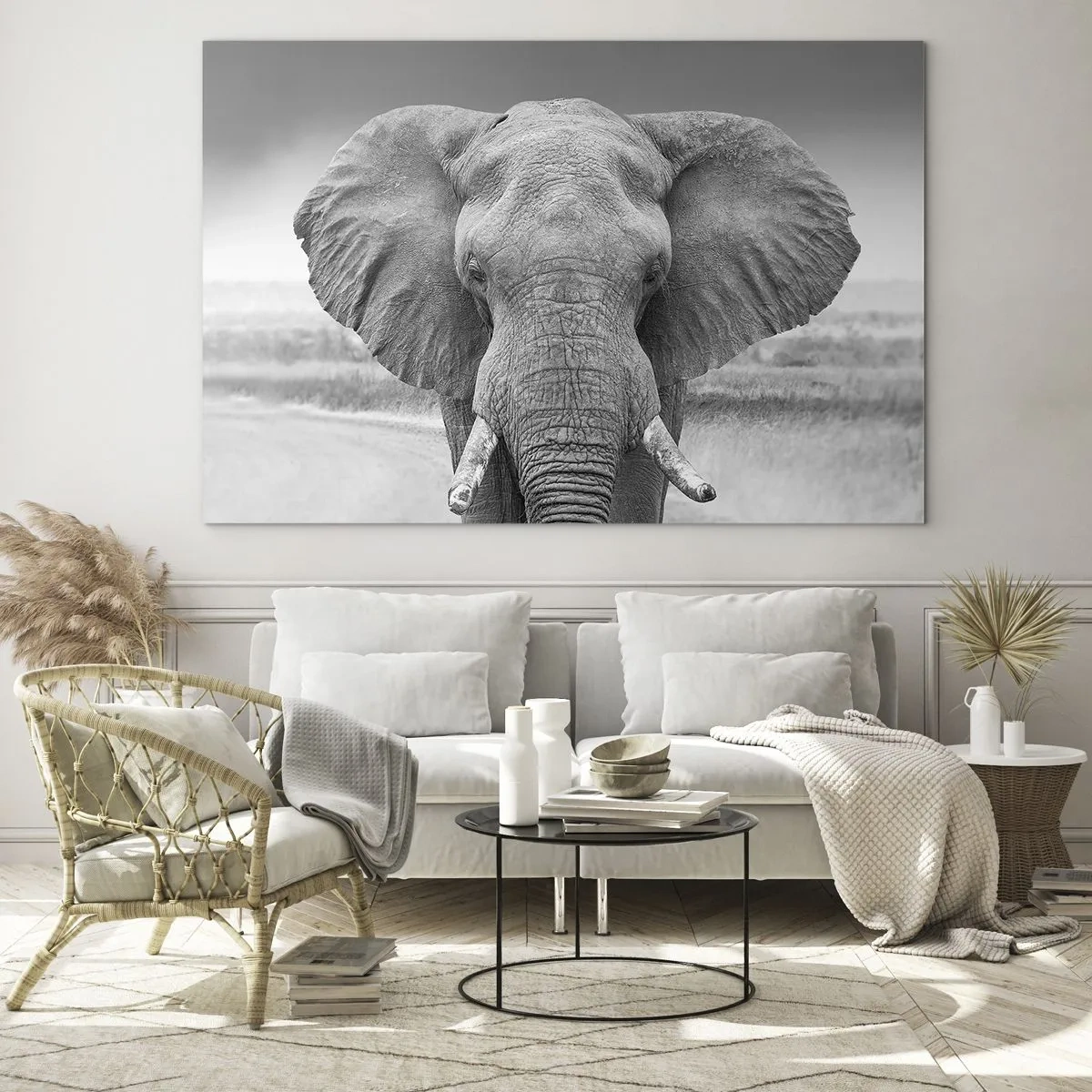 Quadro su vetro - Ritratto in bianco e nero di un elefante nella savana - 100x70cm - Benvenuti nel mio mondo - Decorazione murale moderna per soggiorno e camera da letto ARTTOR