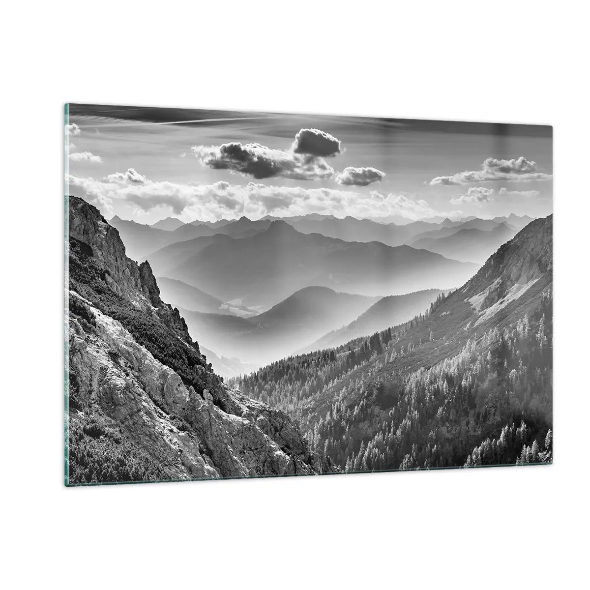Quadro su vetro - Panorama montano in bianco e nero con vista sulla valle - 120x80cm - Fino all'orizzonte - Decorazione murale moderna per soggiorno e camera da letto ARTTOR