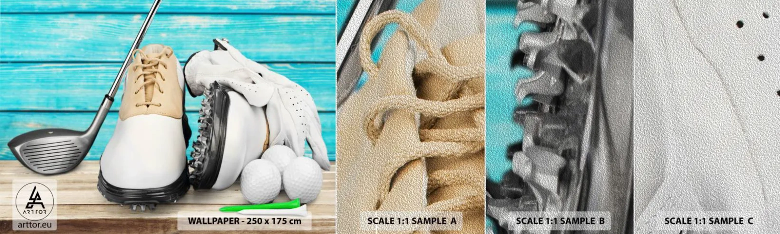 Campione di Fotomurale Premium Sand - Tutto è pronto - Golf, Sport, Scarpe da golfista - 100x30 cm