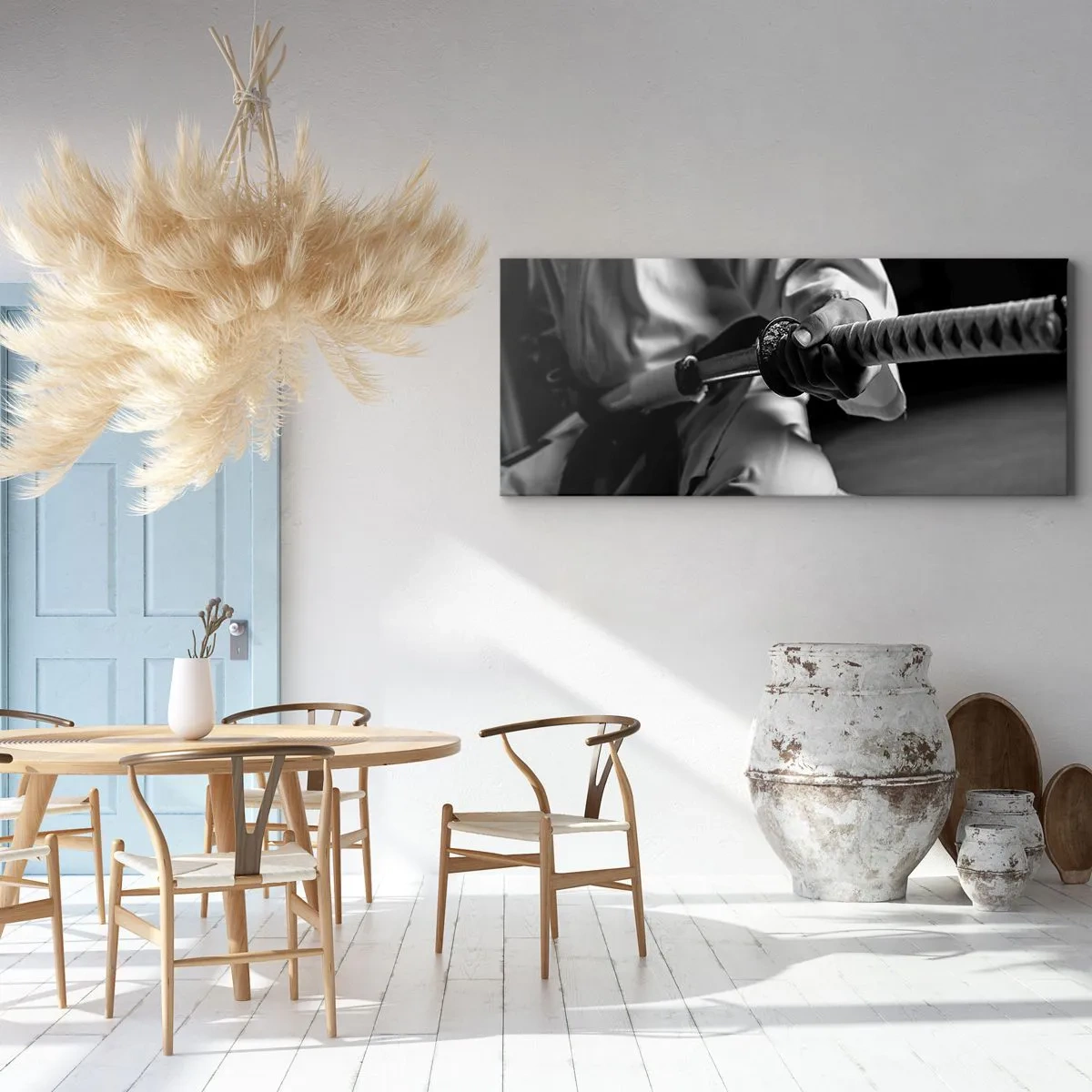 Quadro su tela - Stampe su Tela - Un samurai in kimono che impugna una katana in bianco e nero. - 120x50cm - L'anima del guerriero - Decorazione murale moderna per soggiorno e camera da letto ARTTOR